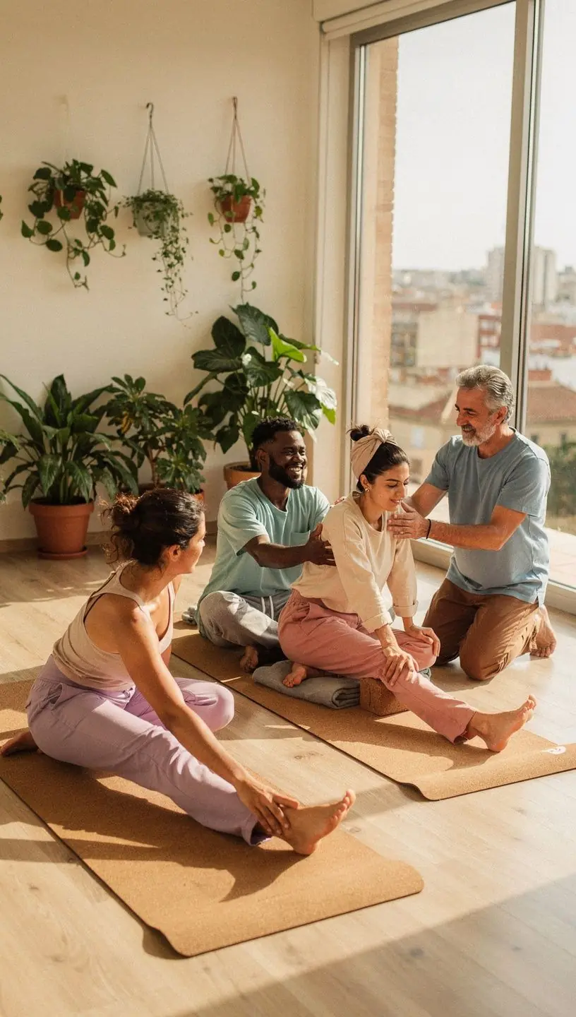 Grupo de personas en una clase de yoga, enfocándose en ejercicios de rehabilitación.