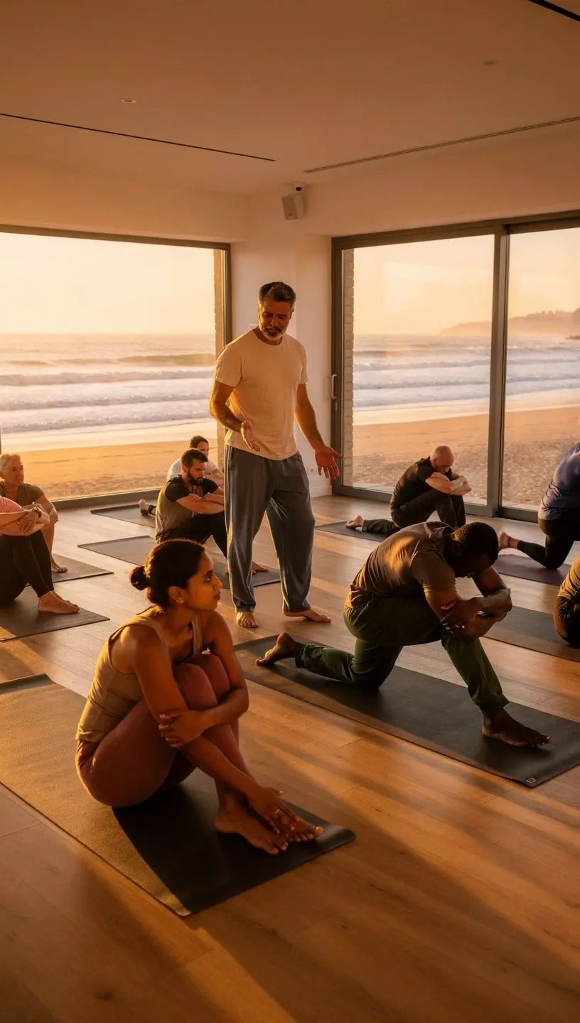 Un grupo de individuos practicando ejercicios terapéuticos de yoga en un estudio luminoso, promoviendo la sanación y el bienestar.