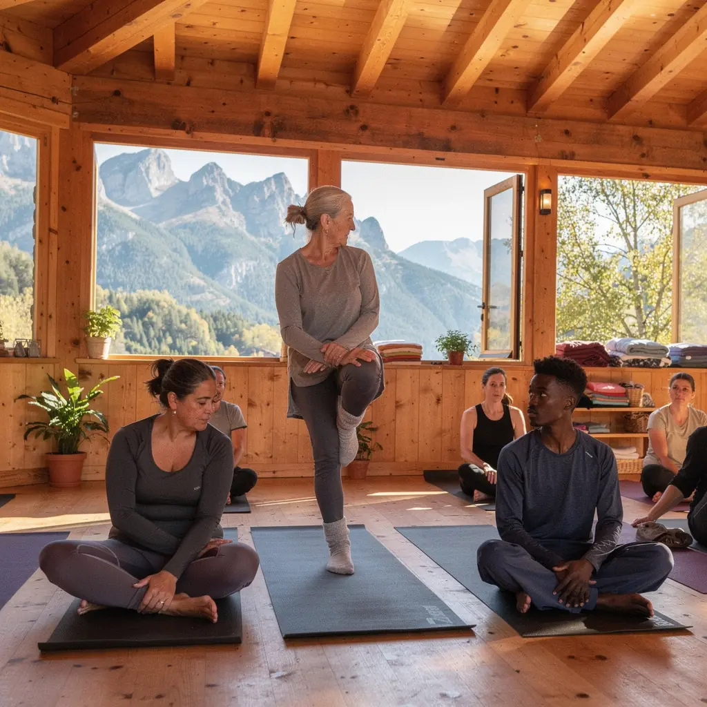 Un grupo de individuos practicando ejercicios terapéuticos de yoga en un estudio luminoso, promoviendo la sanación y el bienestar.