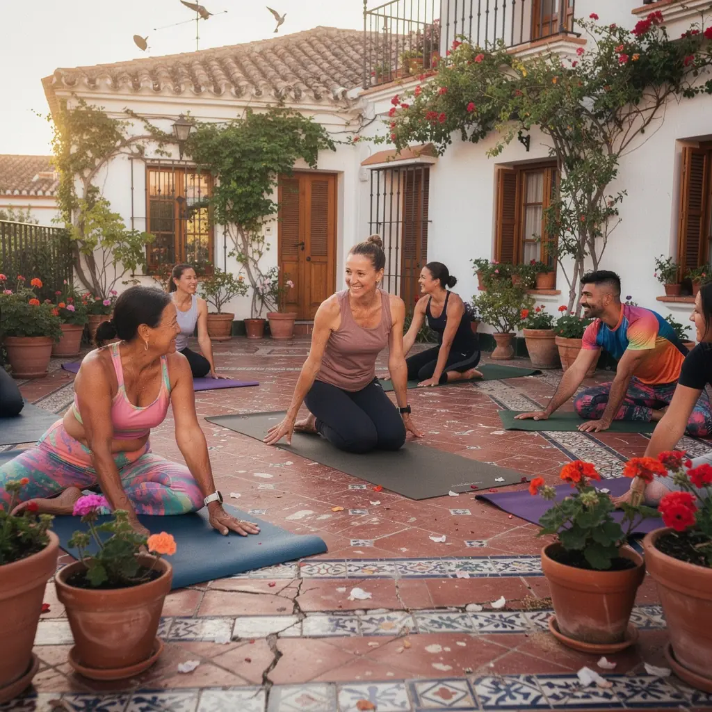 Un grupo de individuos practicando ejercicios terapéuticos de yoga en un estudio luminoso, promoviendo la sanación y el bienestar.