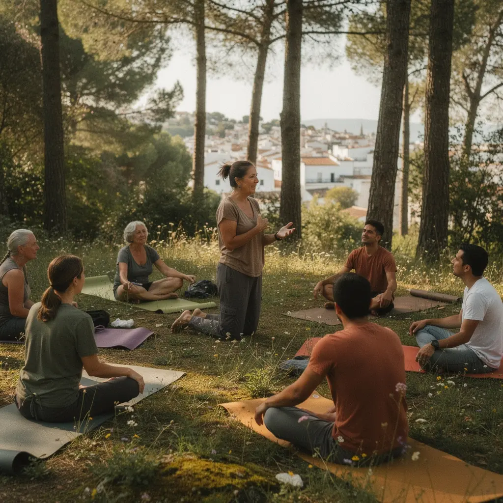 Un grupo de individuos practicando ejercicios terapéuticos de yoga en un estudio luminoso, promoviendo la sanación y el bienestar.