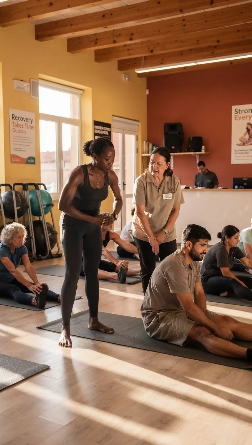 Un grupo de individuos practicando ejercicios terapéuticos de yoga en un estudio luminoso, promoviendo la sanación y el bienestar.