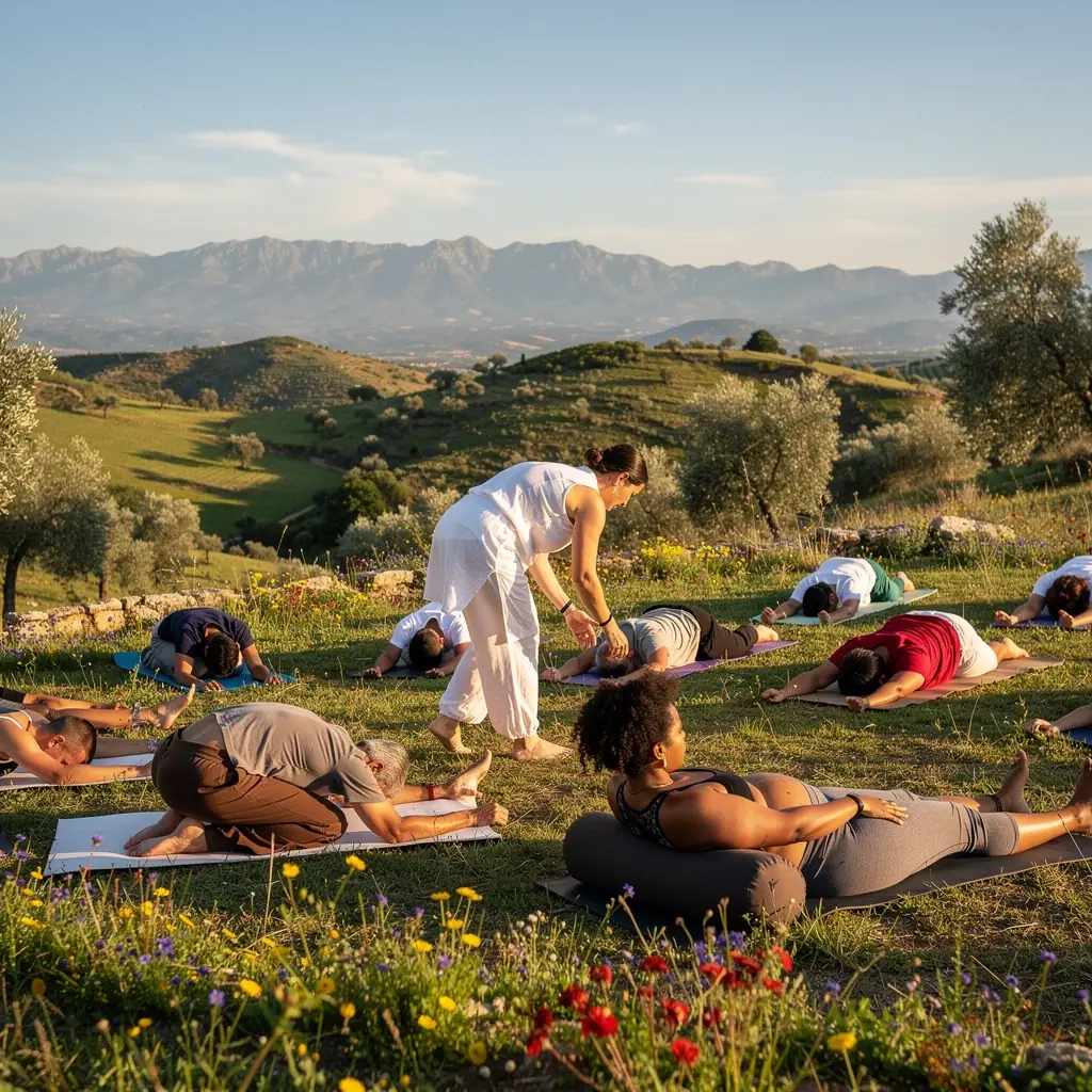 Un grupo de individuos practicando ejercicios terapéuticos de yoga en un estudio luminoso, promoviendo la sanación y el bienestar.