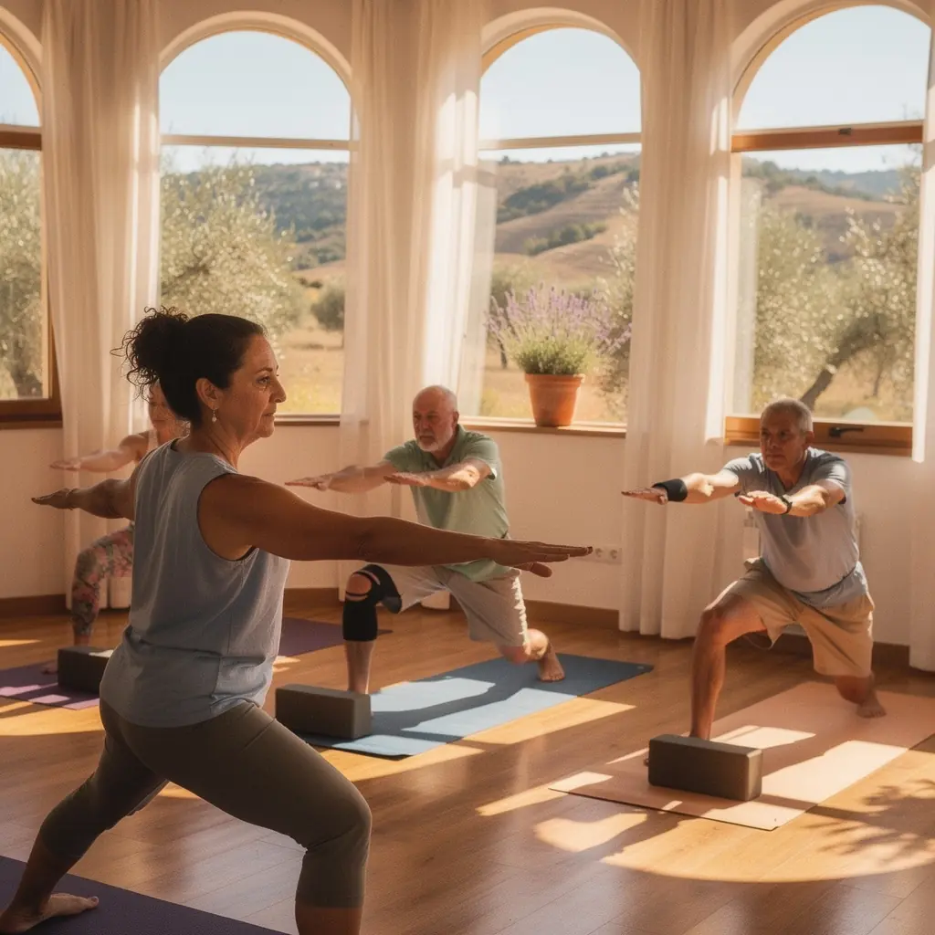 Una persona realizando una postura de yoga suave en un entorno sereno, enfocándose en la recuperación de una lesión.
