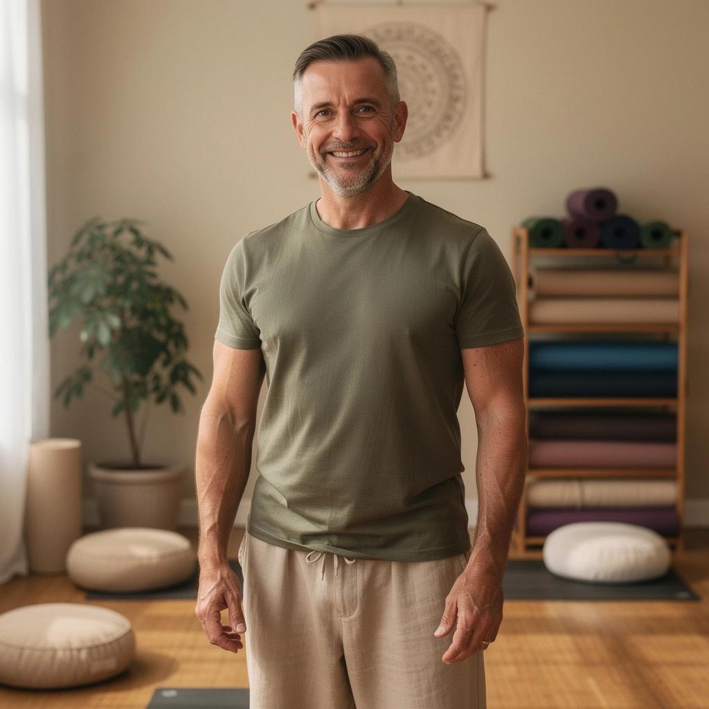 Persona meditando en una colchoneta, rodeada de plantas y luz natural.