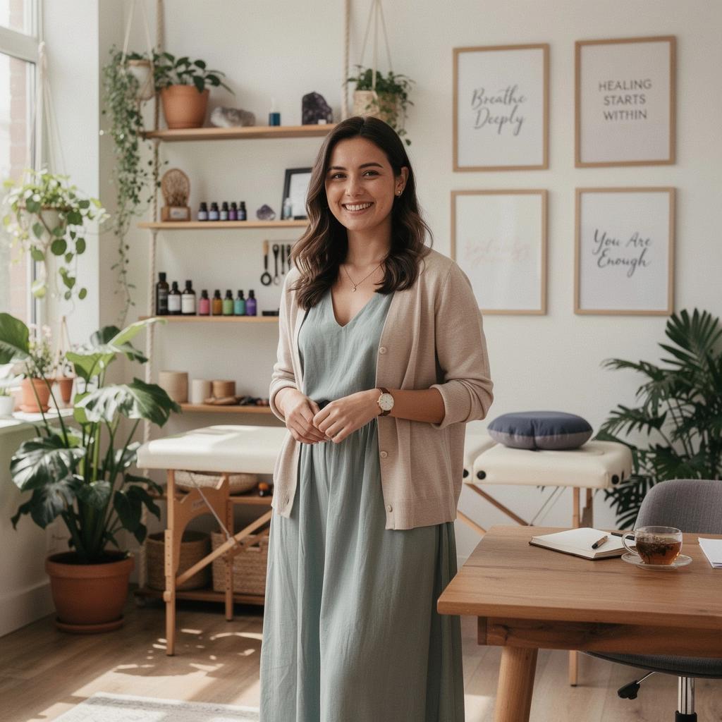 Mujer sonriendo mientras practica respiración profunda durante una sesión de yoga.
